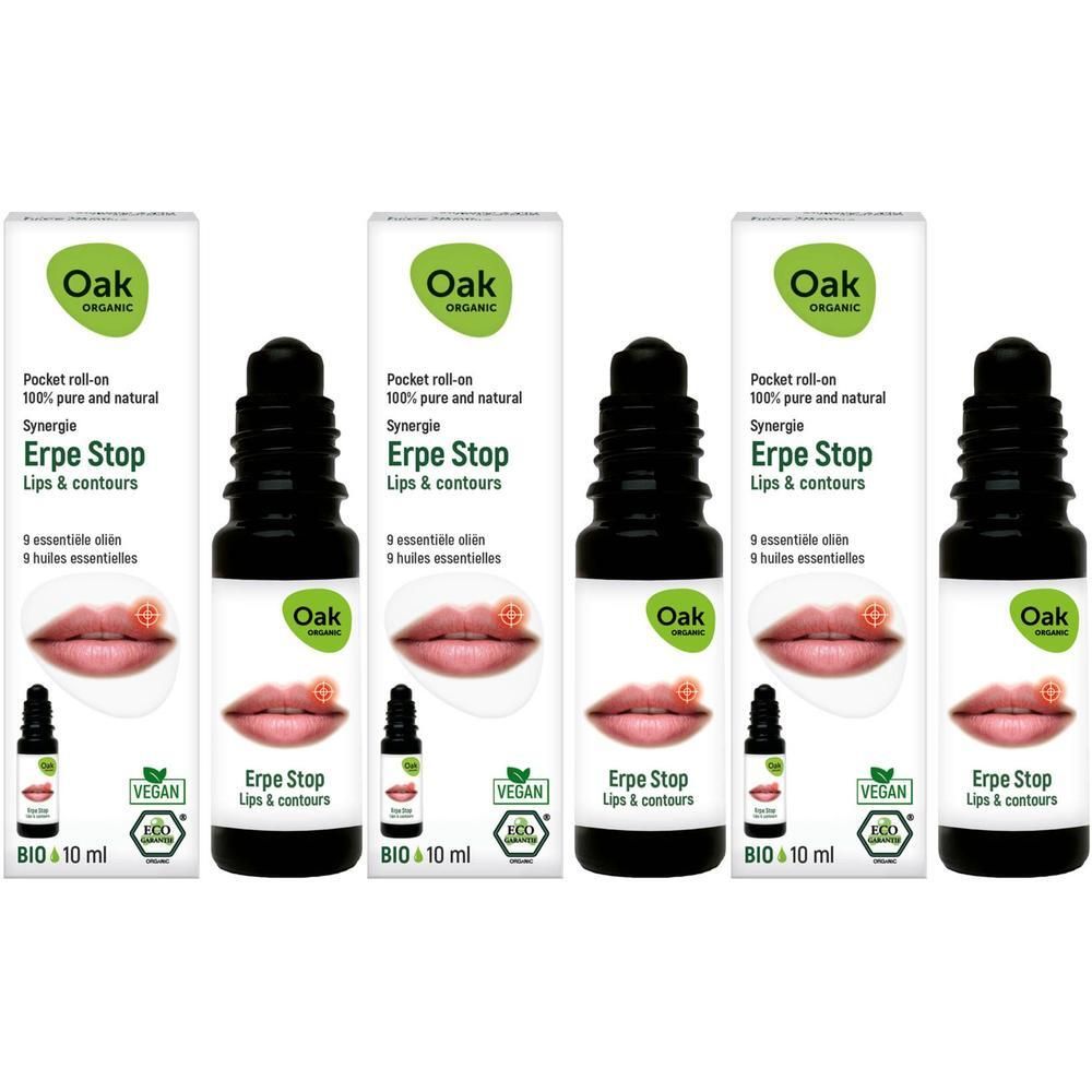 Vier verpakkingen Oak Erpe Stop Roll-on van 10 ml. Toont lippen met rode vlek.
