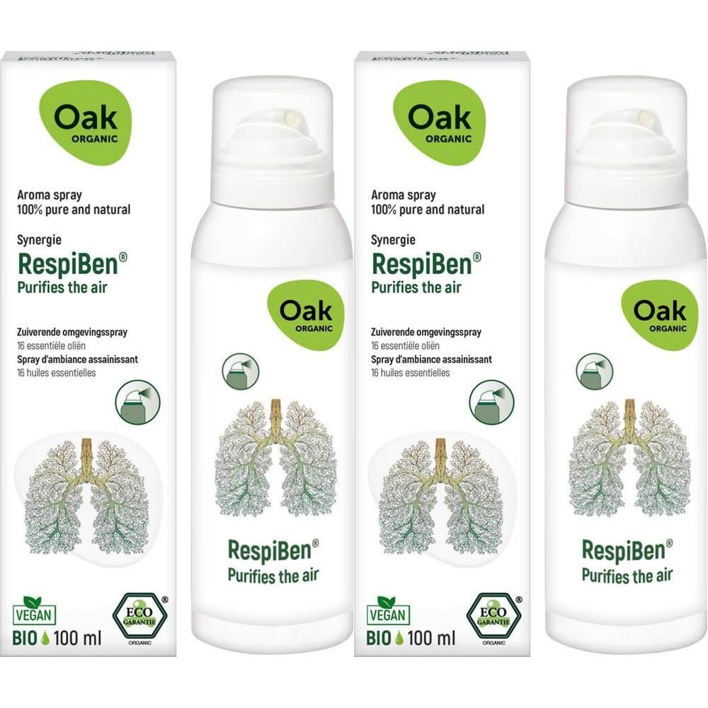 Trois flacons de spray d'ambiance Oak RespiBen avec image de poumons et logos Vegan et Eco.