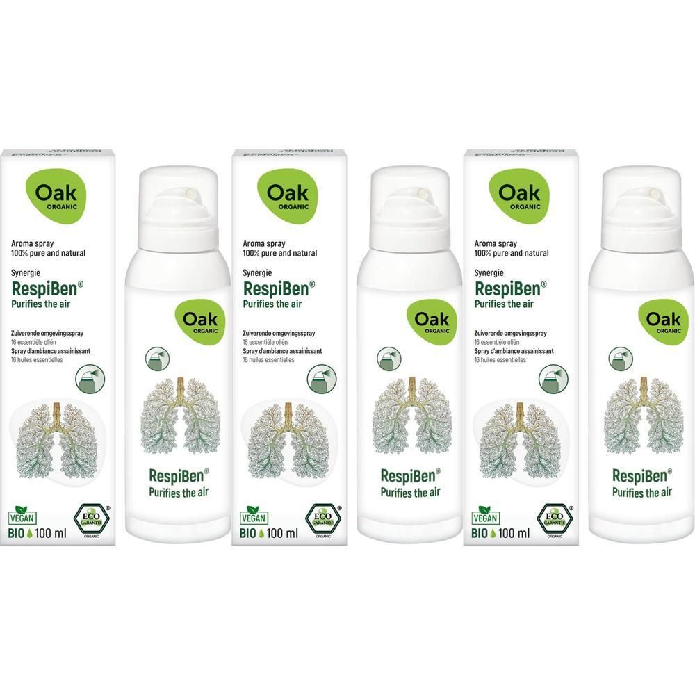 Vier flessen Oak Aroma Spray RespiBen met een afbeelding van de longen.