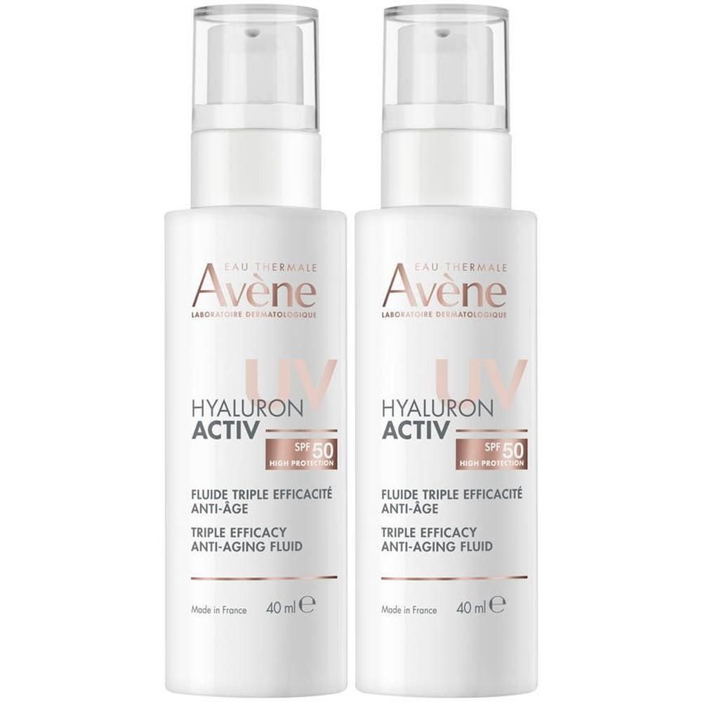 Deux flacons de fluide Avène Hyaluron Activ UV SPF50 avec distributeurs à pompe.