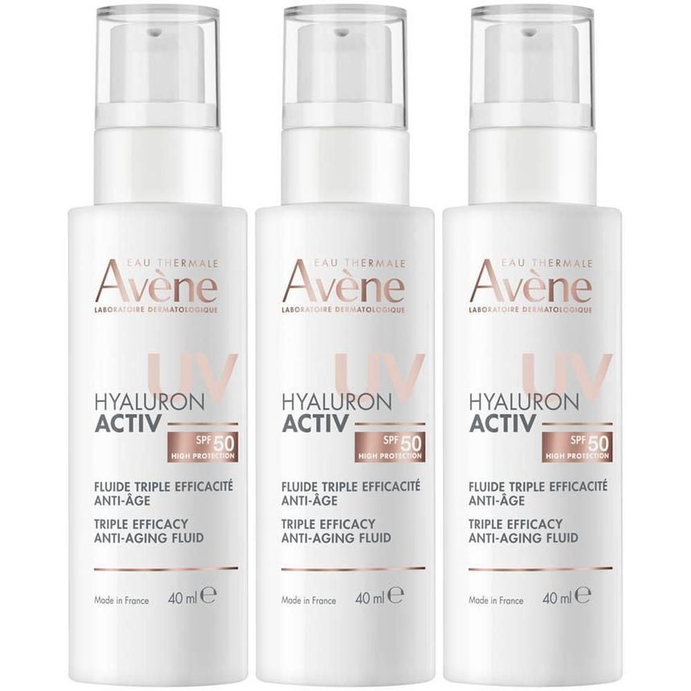 Trois flacons Avène Hyaluron Activ UV SPF50 Fluide, 40ml.