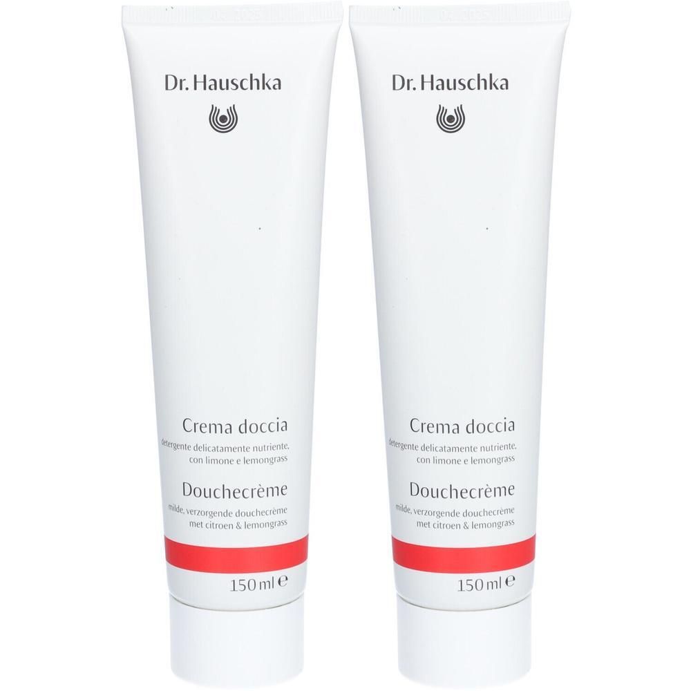 Twee witte tubes Dr. Hauschka douchecrème met citroen & lemongrass geur.
