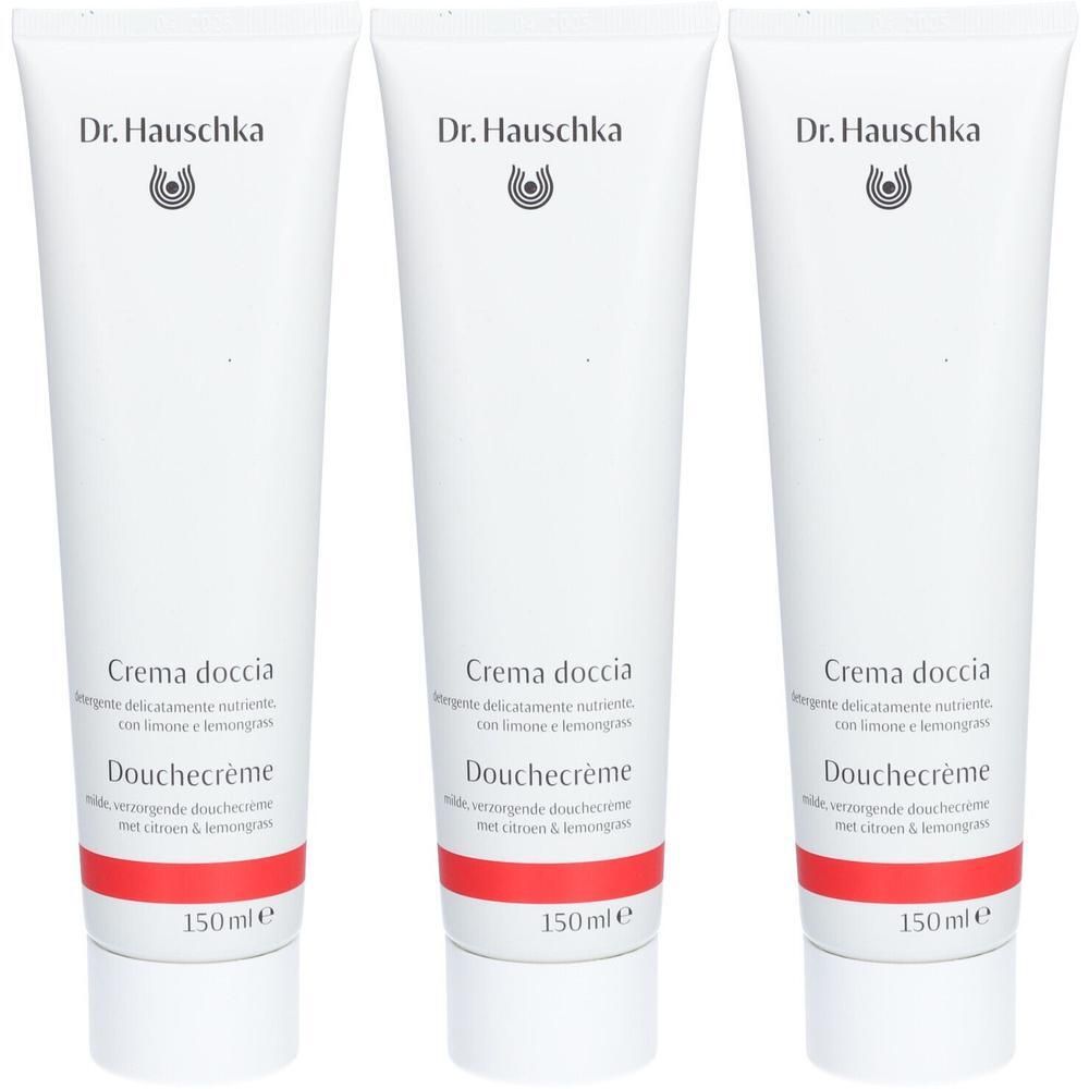 Trois tubes blancs de Crème de douche Dr. Hauschka avec bande rouge et indication 150ml.