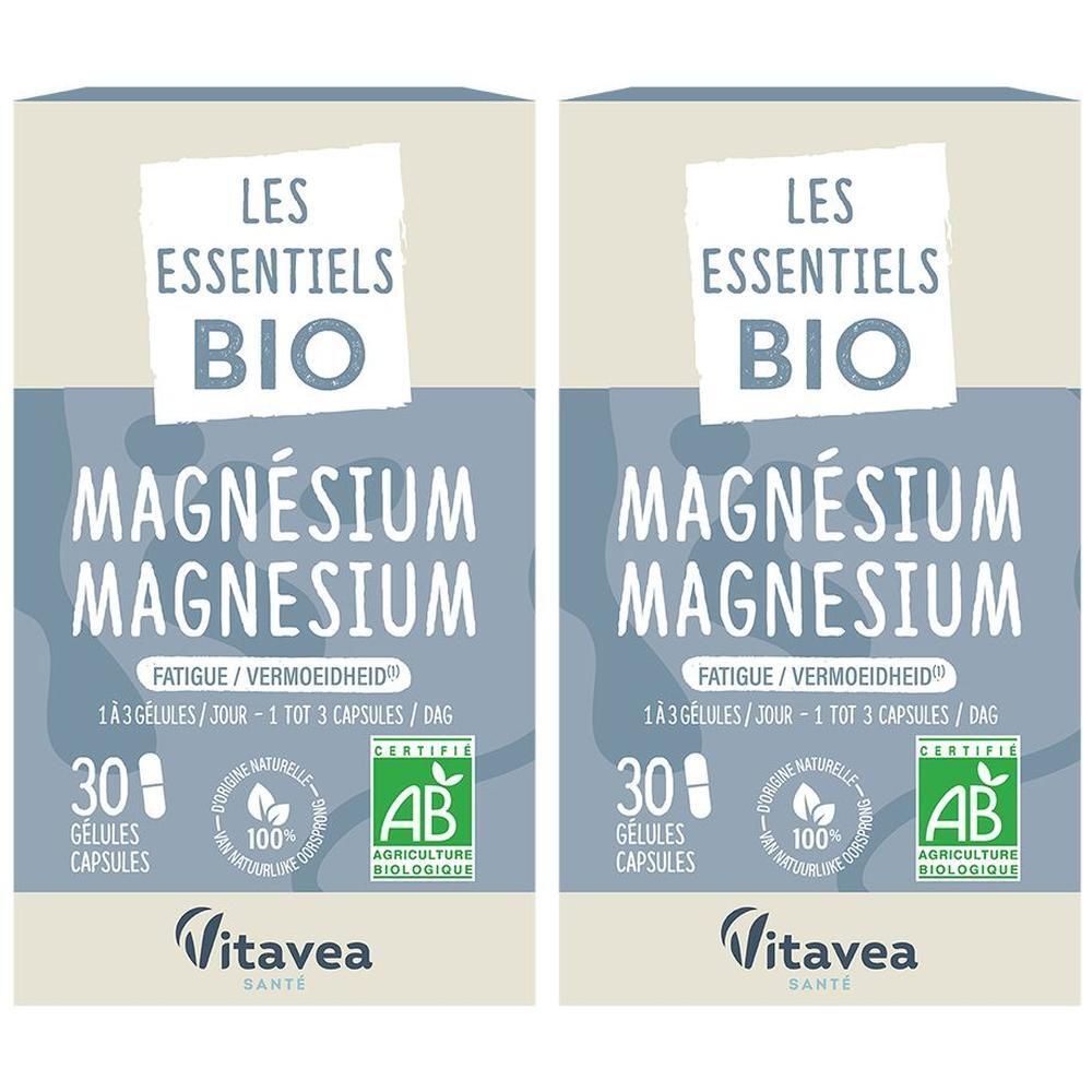 Twee verpakkingen Les Essentiels BIO Magnesium, elk 30 capsules. Gecertificeerd AB Biologische Landbouw.