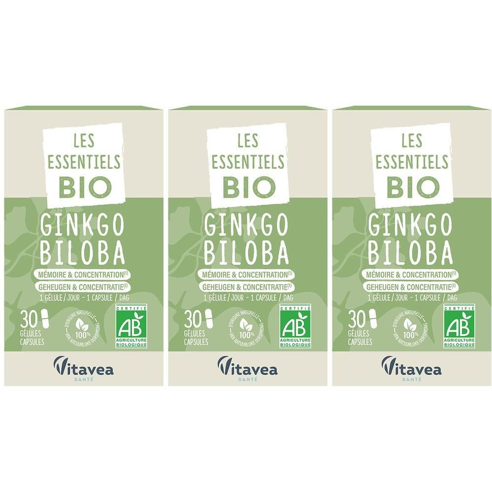 Drie verpakkingen Les Essentiels BIO Ginkgo Biloba met 30 capsules per stuk. AB-logo voor biologische landbouw.