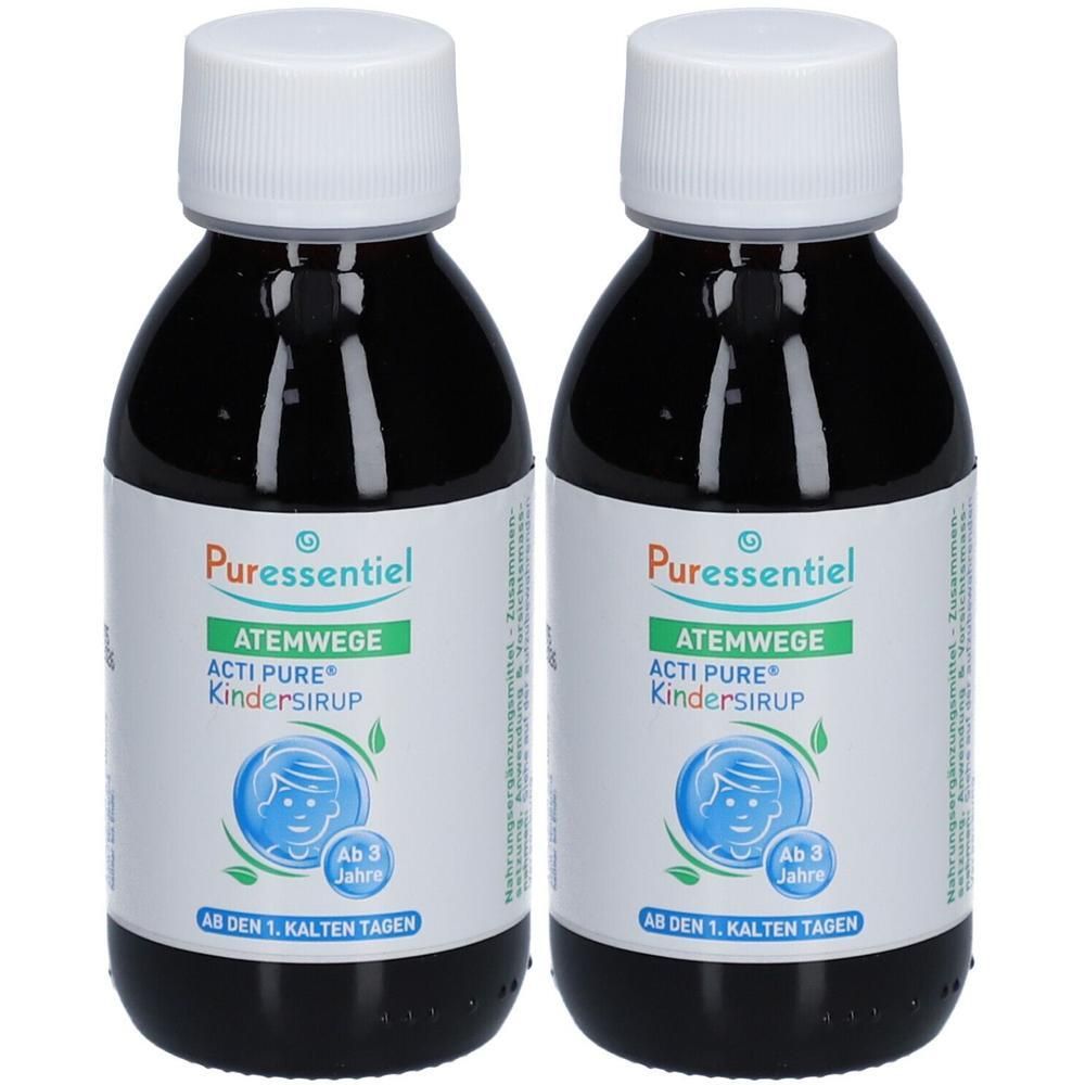 Twee flessen Puressentiel Respiratoire Acti Pure Siroop Kinderen, donkerbruine vloeistof, witte doppen.