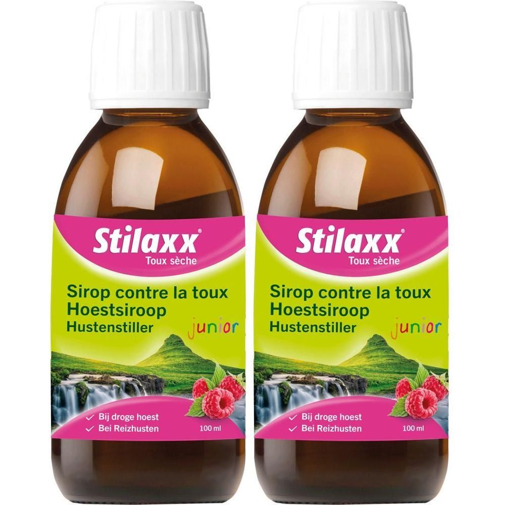 Twee flessen Stilaxx Hoestsiroop Junior met frambozen en watervalafbeelding.