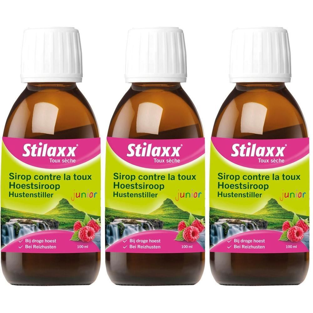 Trois bouteilles de Stilaxx Sirop Junior avec des framboises et un motif de cascade.
