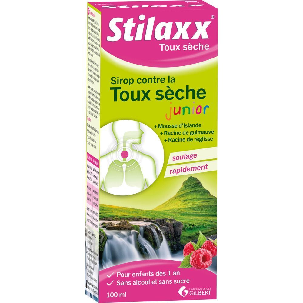 Boîte de Stilaxx Sirop Junior avec illustration d'une gorge et des poumons, avec des framboises.