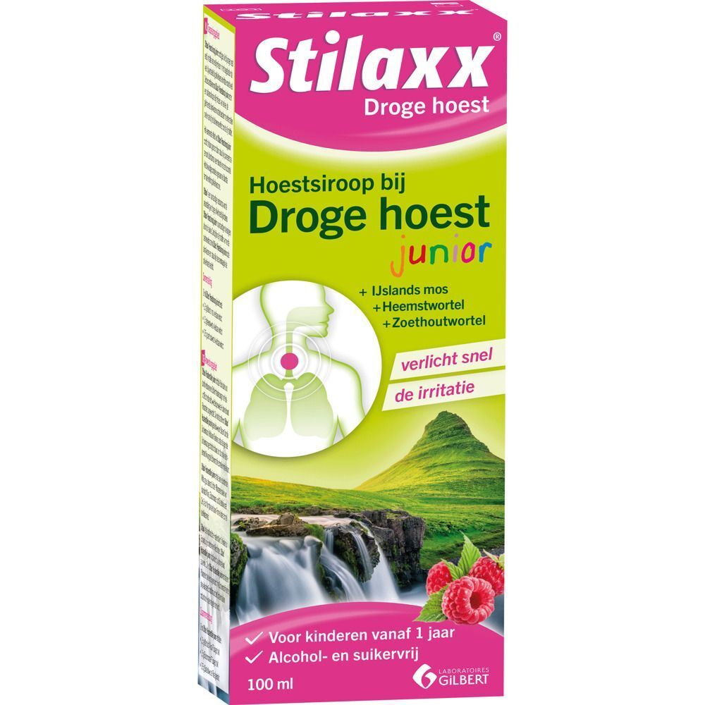 Doos Stilaxx Hoestsiroop Junior met afbeelding van keel en longen, met frambozen.