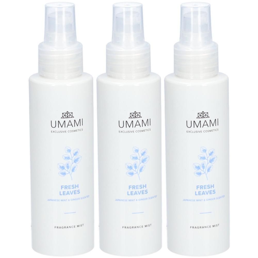 Drie witte spuitflessen UMAMI FRESH LEAVES Fragrance Mist.