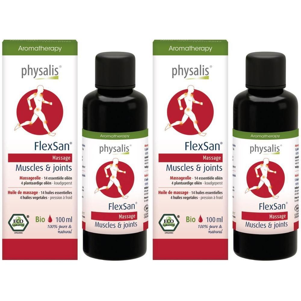 Deux flacons d'huile de massage Physalis FlexSan pour muscles et articulations, 100 ml.