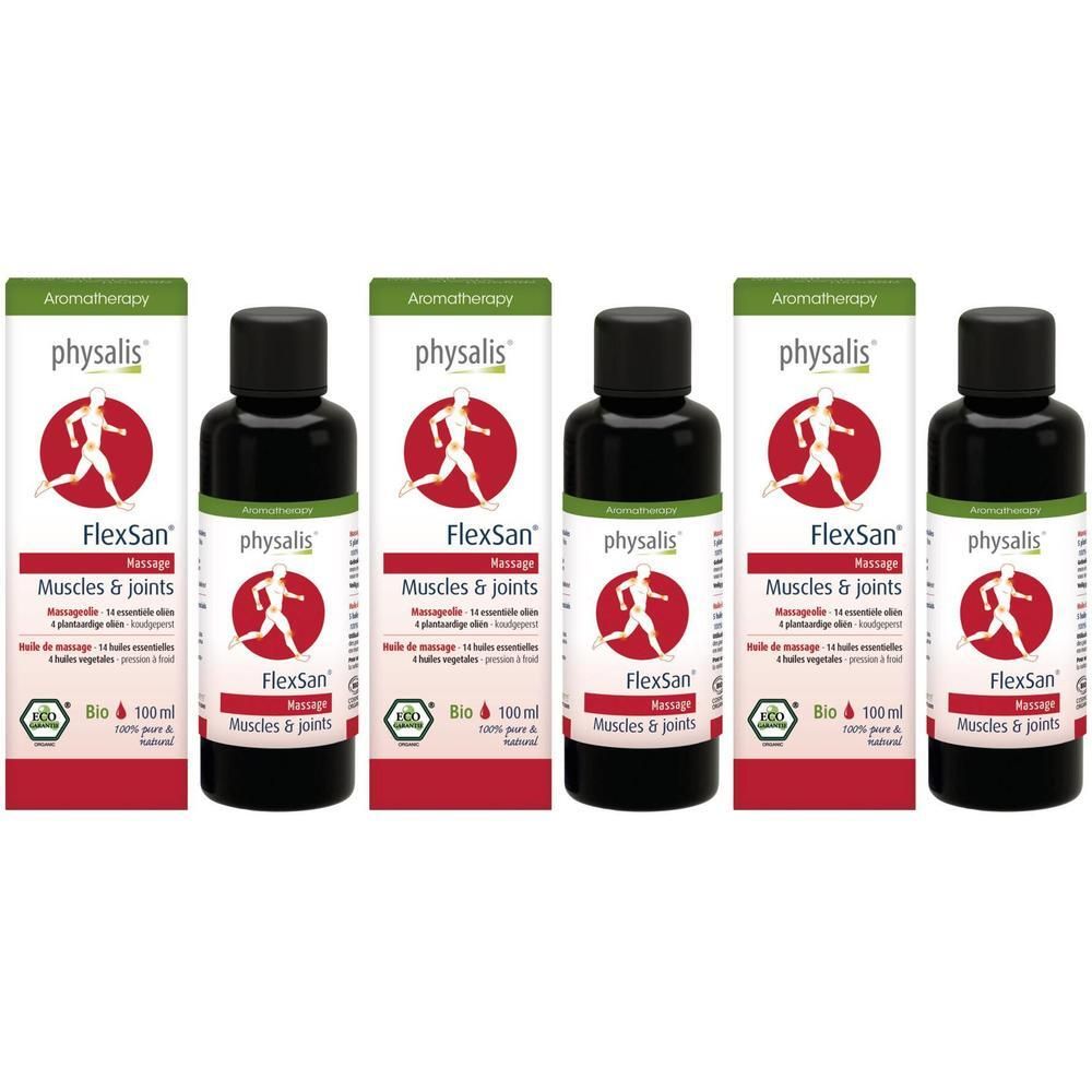 Vier flessen Physalis FlexSan Massageolie voor spieren en gewrichten, 100ml.