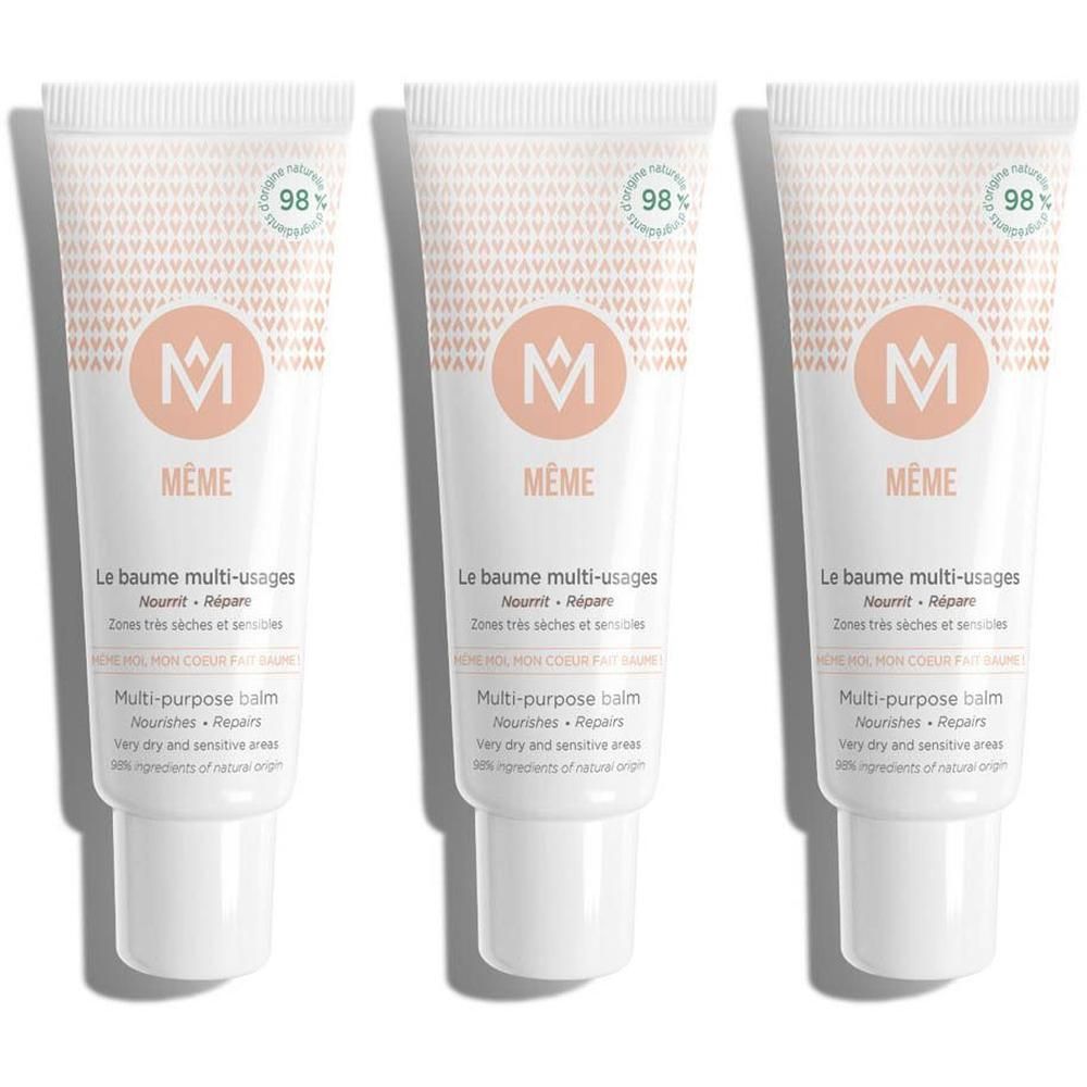 Drie tubes MEME Multi-Purpose Balm met patroon.