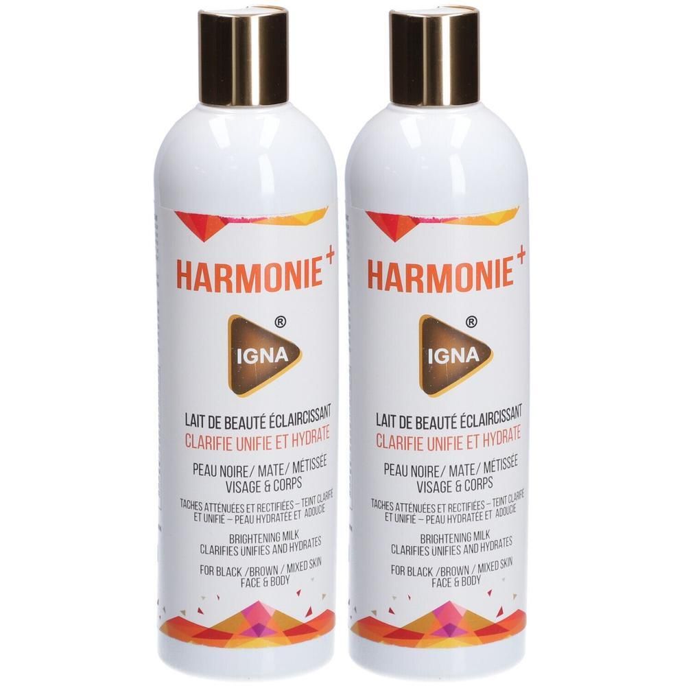 Deux bouteilles de Lait de Beauté Éclaircissant IGNA Harmonie+ pour le visage et le corps.