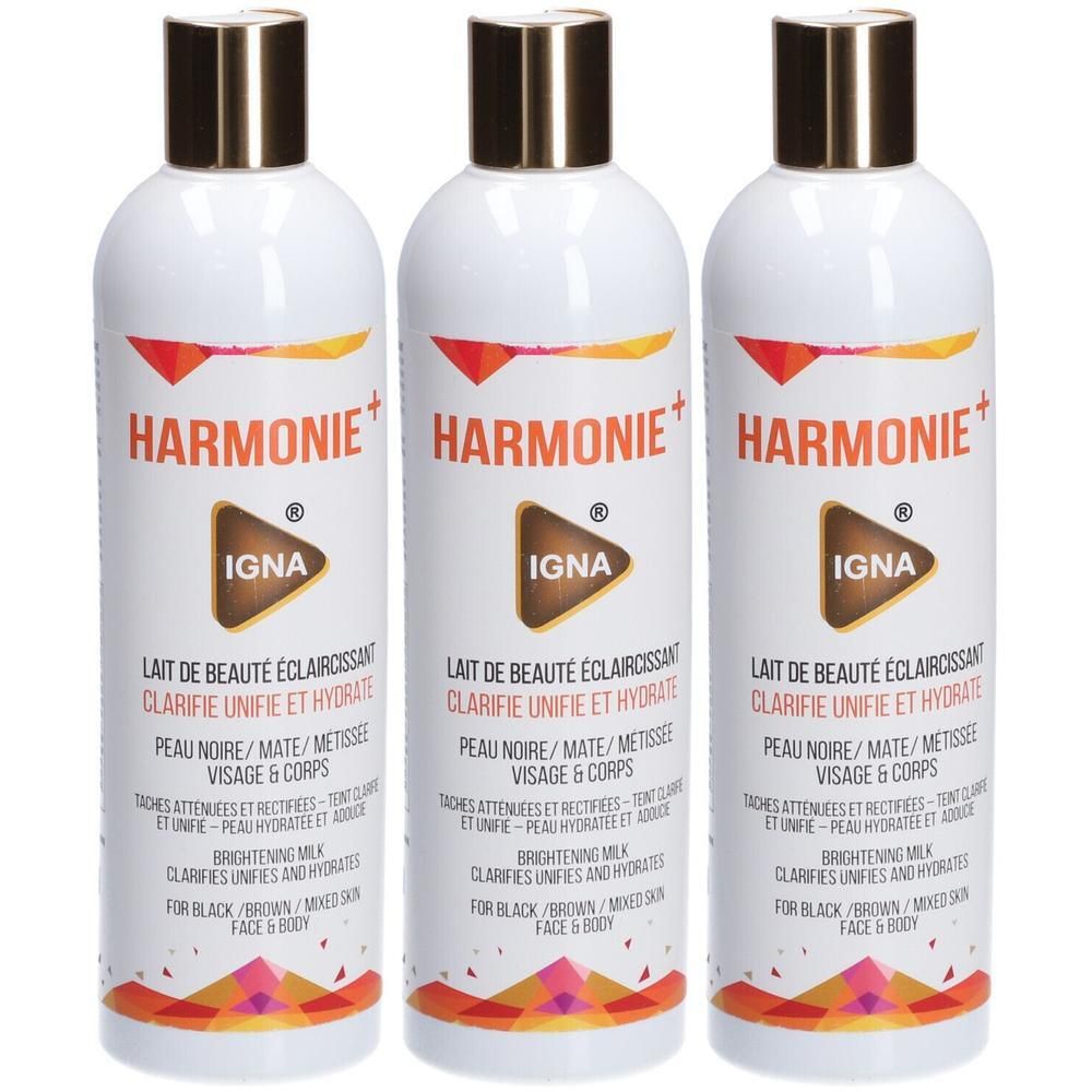 Trois bouteilles de Lait de Beauté Éclaircissant IGNA Harmonie+ pour visage et corps.