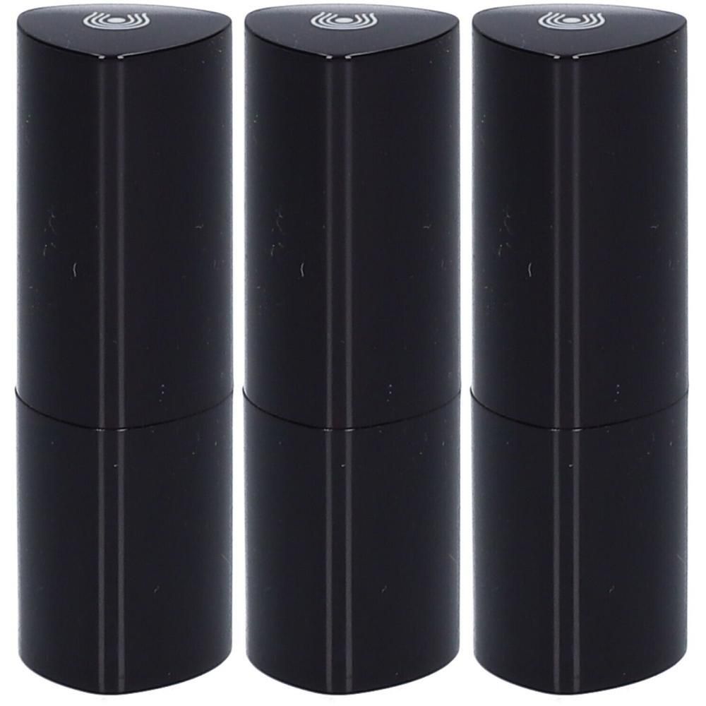 Drie zwarte lippenstiftkokers met driehoekige dop en logo.