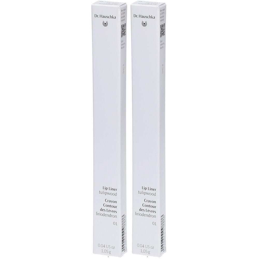 Deux crayons à lèvres Dr. Hauschka 01 Tulipwood dans leur emballage blanc.