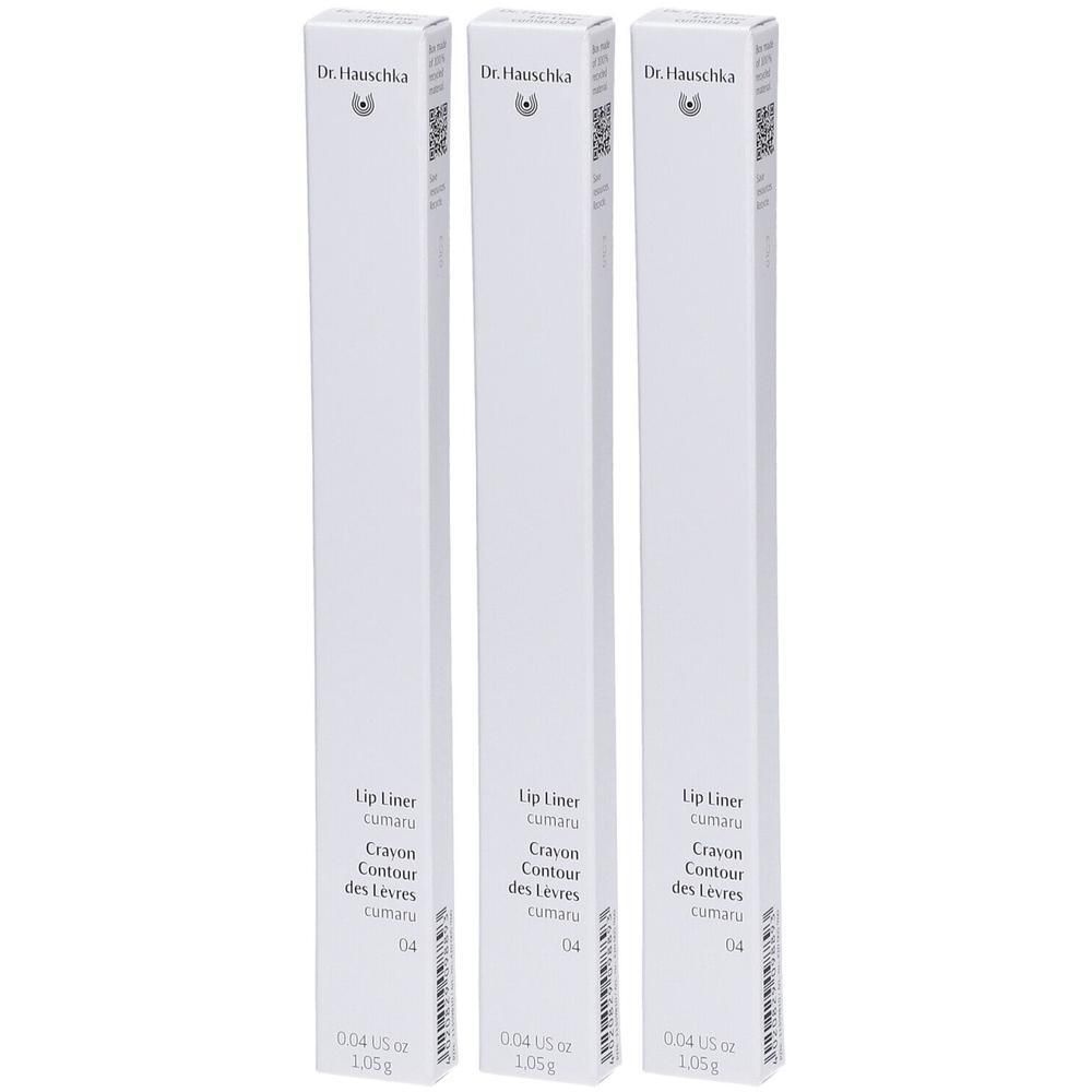 Trois crayons à lèvres Dr. Hauschka 04 Cumaru dans leur emballage blanc.