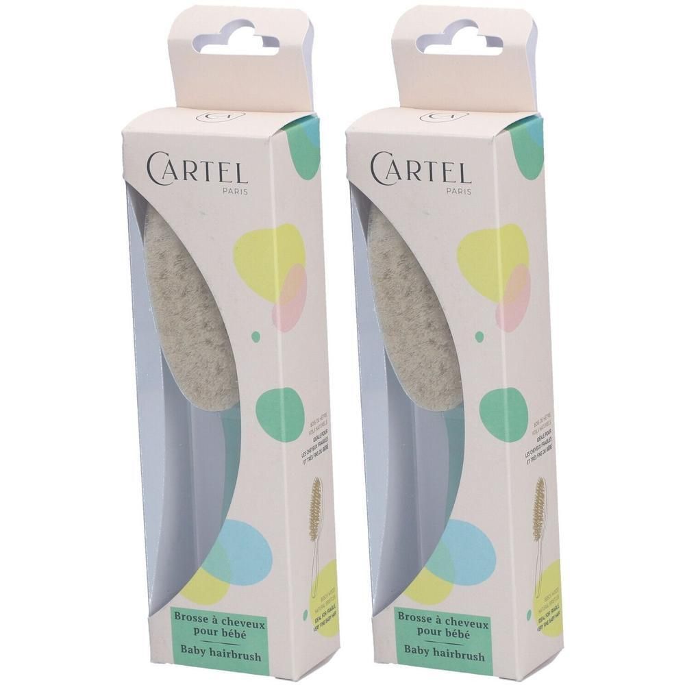 Deux brosses à cheveux pour bébé en boîte. Les brosses sont beige clair et ont un manche. L'emballage est blanc avec des cercles colorés.