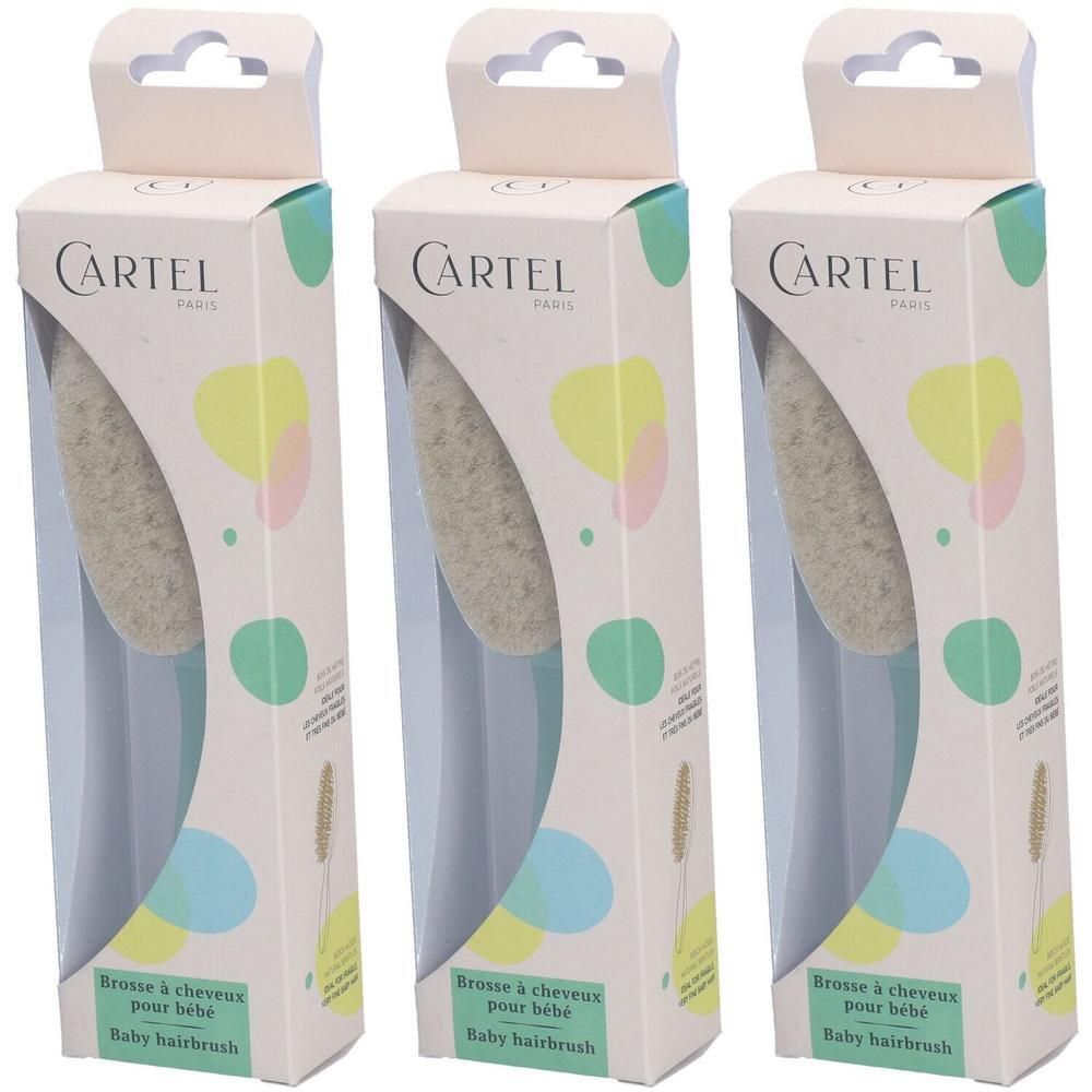 Trois brosses à cheveux pour bébé CARTEL PARIS en emballage. Poils clairs, forme ovale.