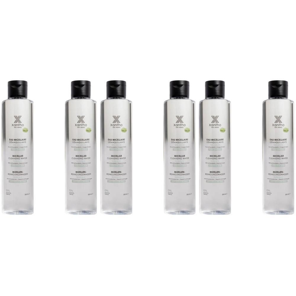 Six flacons de Xantho Anti-Aging Eau Micellaire Démaquillante avec bouchon noir.