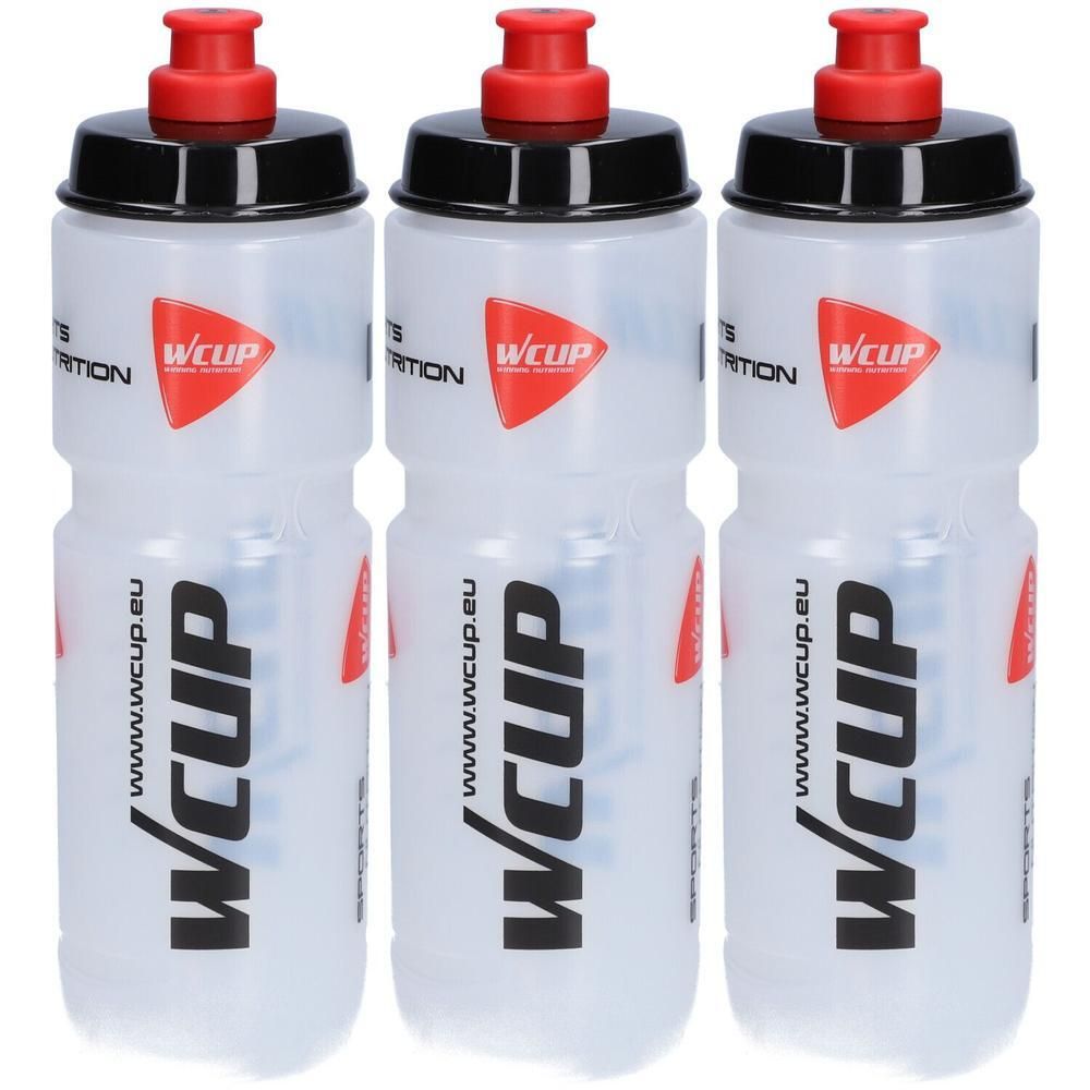 Trois gourdes de sport transparentes avec bouchon rouge et couvercle noir, logo "WCUP".