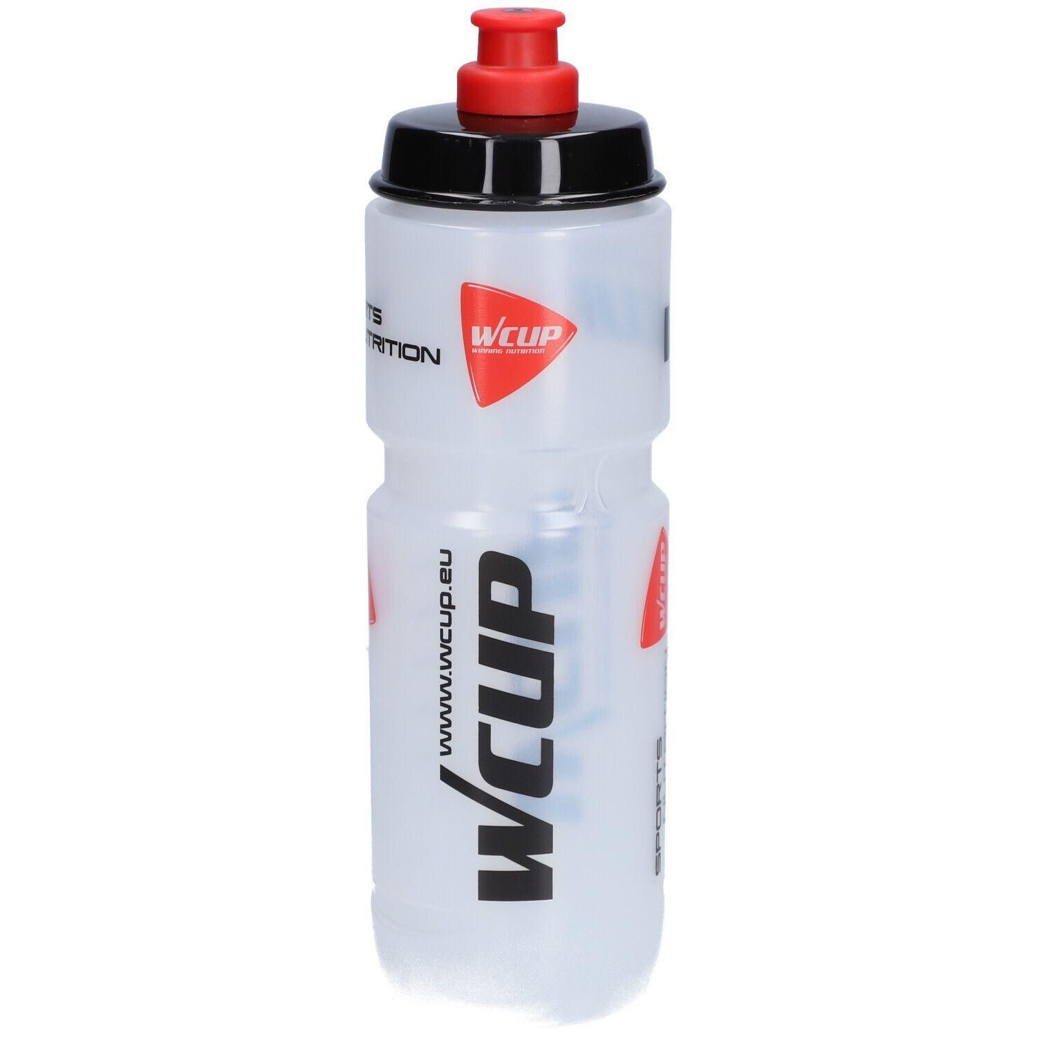 Gourde de sport transparente avec bouchon noir et bec rouge. Logo et site web imprimés.