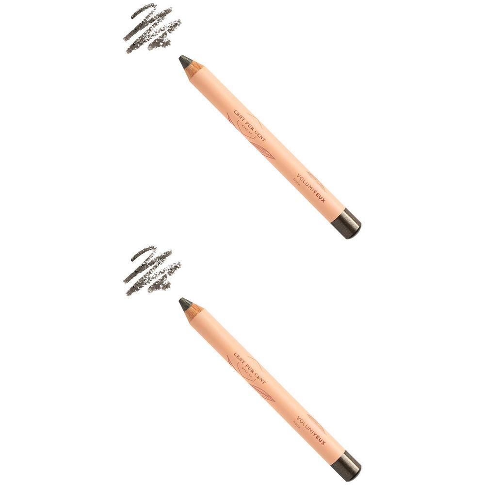 Deux crayons à sourcils avec mine brune et manche pêche. Texte sur le manche : 'LE VOLUMYEUX'.