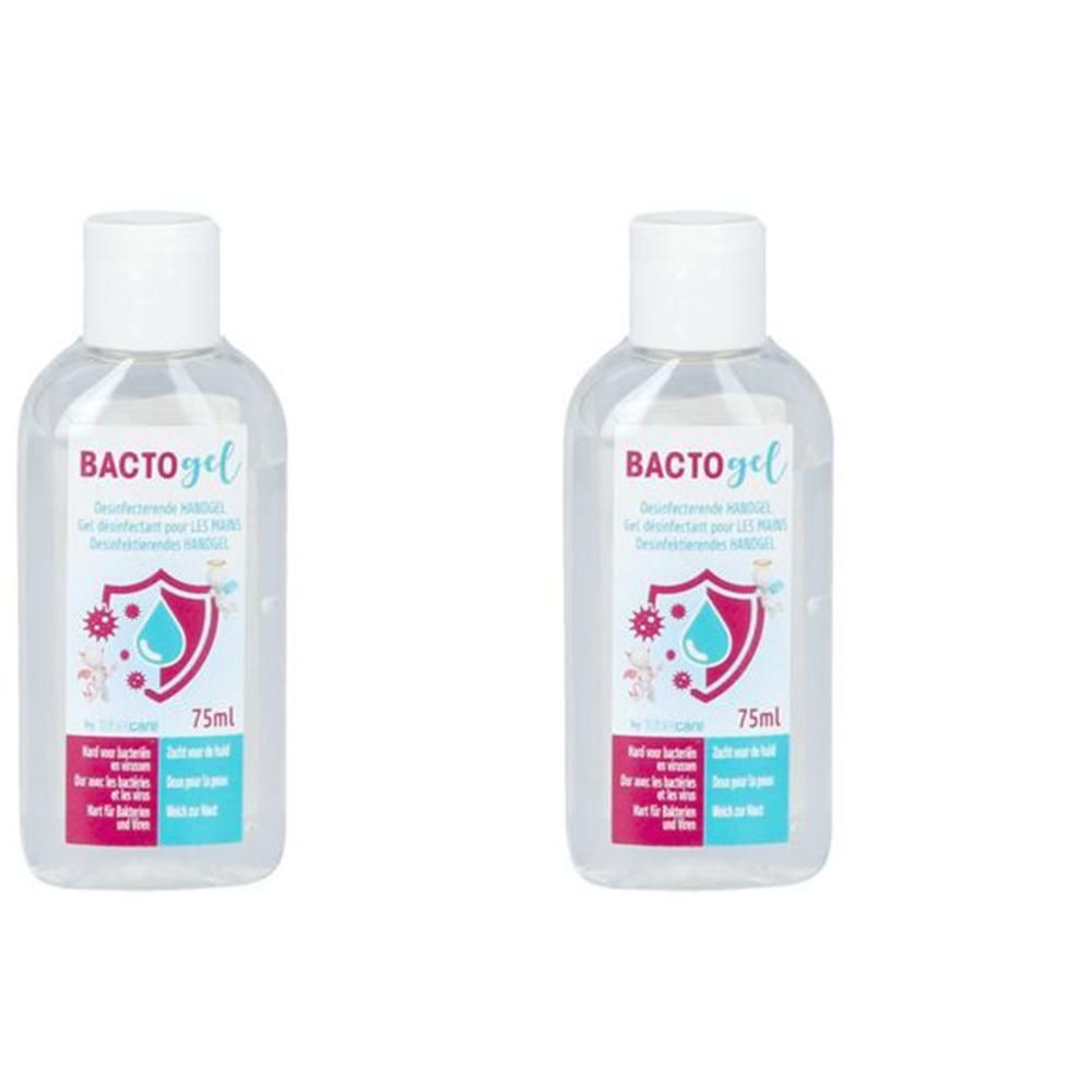 Deux flacons de gel désinfectant pour les mains Bactogel, 75ml.