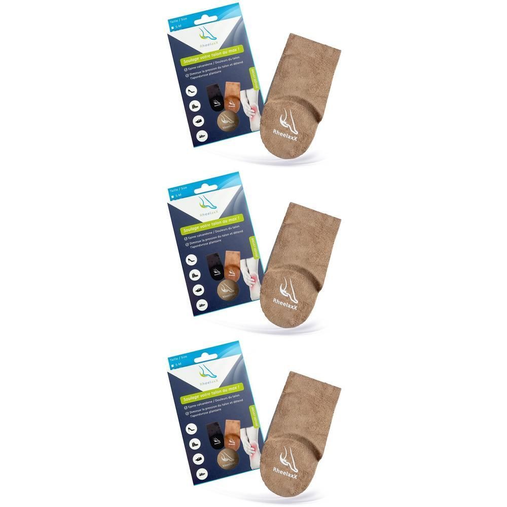 Trois paires de talonnettes marron avec leur emballage.