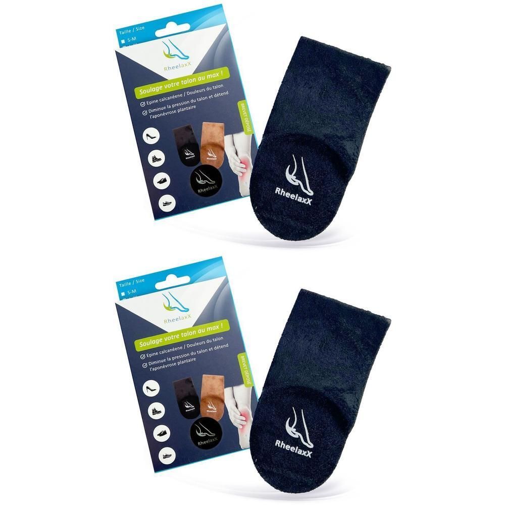 Deux paires de talonnettes noires avec leur emballage. L'emballage présente des informations et des illustrations du produit.