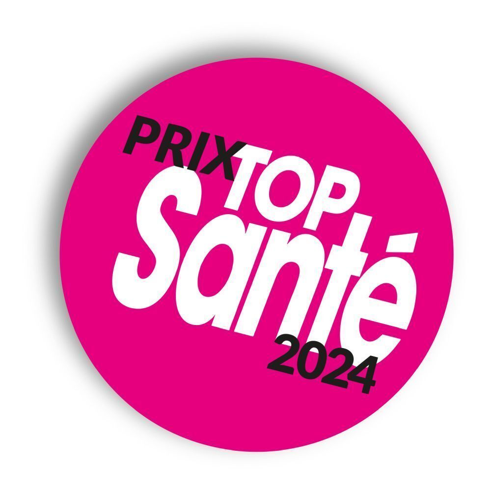 Autocollant rond indiquant "Prix Top Santé 2024" en rose et blanc.