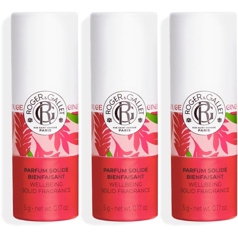 Trois parfums solides Roger&Gallet avec motif floral et accent rouge.