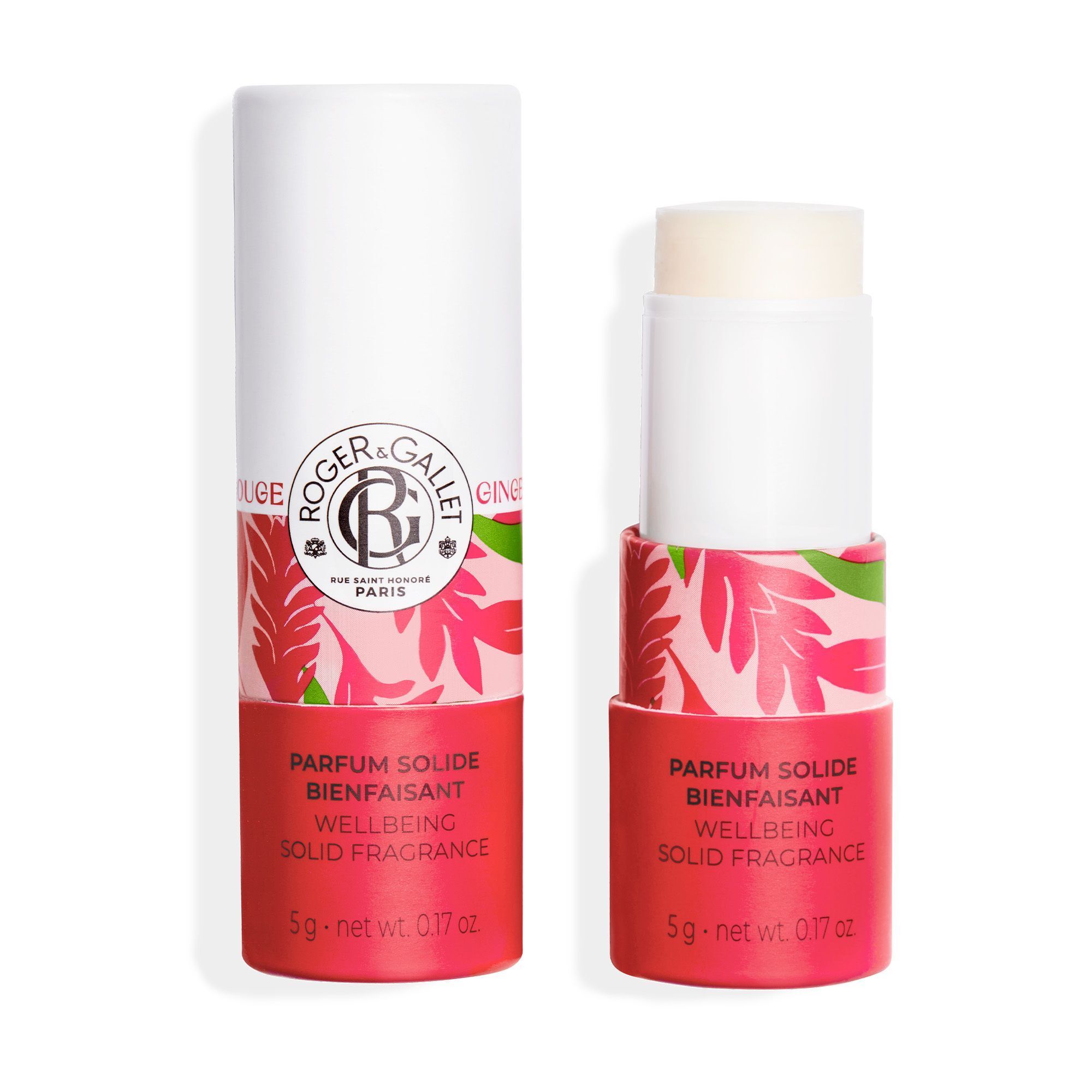 Un parfum solide Roger&Gallet fermé et un ouvert, avec motif floral.