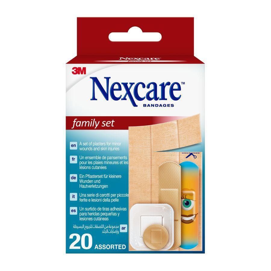 Nexcare Family Set Pansements : 20 pièces, assorties. Contient divers pansements et un pansement à motif.