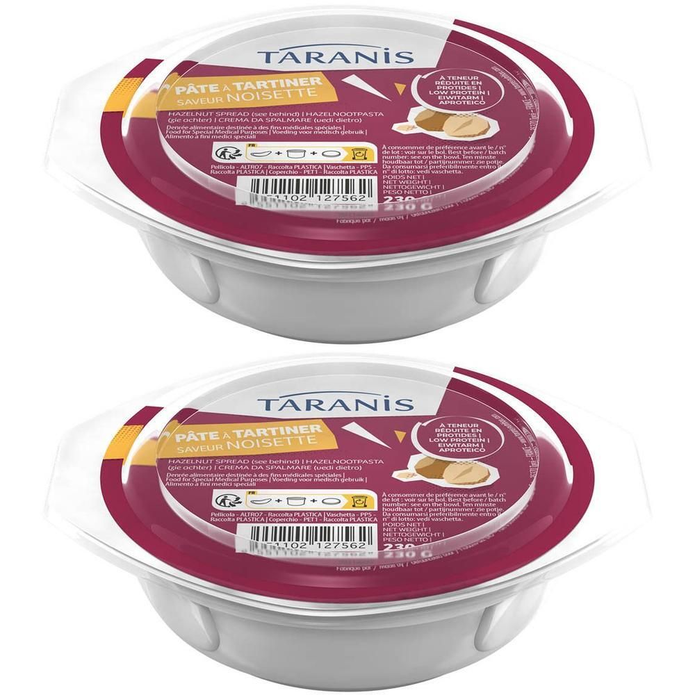 Deux pots de pâte à tartiner Taranis noisette avec couvercle. 230g par pot.