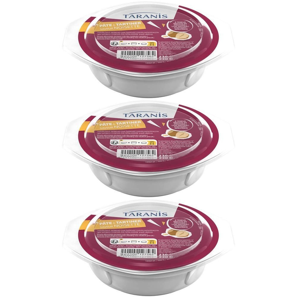 Trois pots de pâte à tartiner noisette Taranis, étiquette rouge, couvercle transparent.
