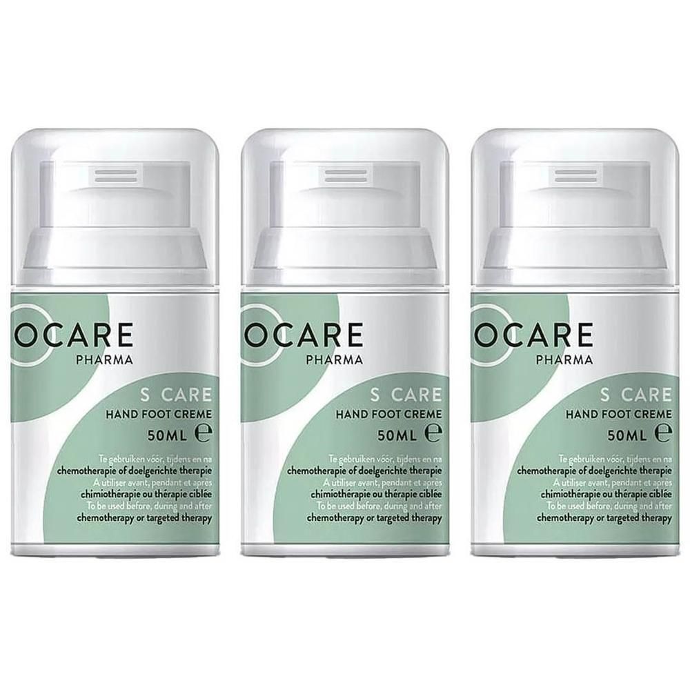 Trois flacons de crème mains et pieds Ocare S Care, 50ml.