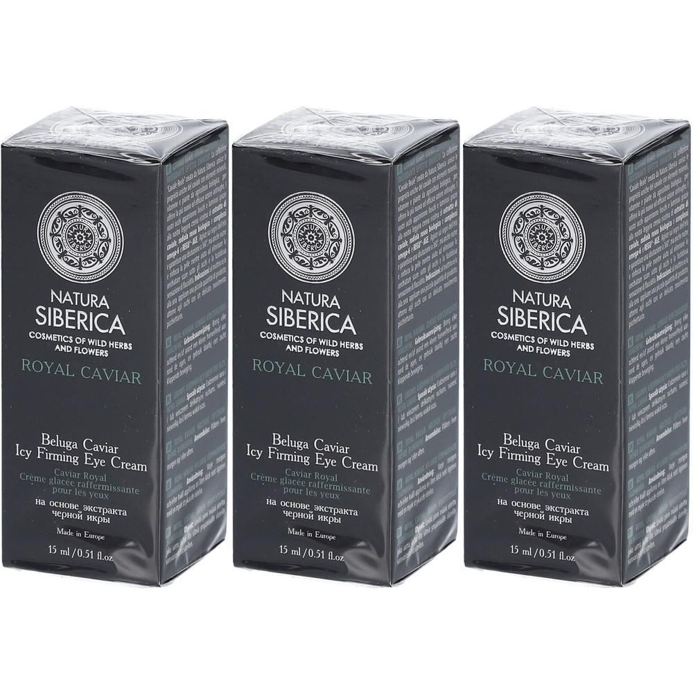 Drie doosjes Natura Siberica Royal Caviar Icy Firming Eye Cream.