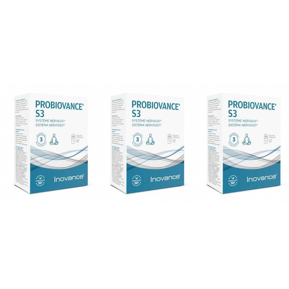 Trois boîtes de INOVANCE® Prabiovance S3 avec motif ondulé et logo de la marque.