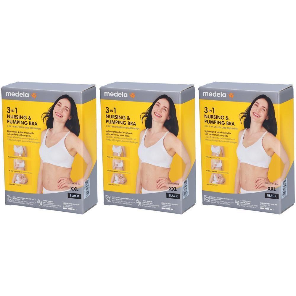 Medela 3-in-1 voedings- en kolfbeha, zwart, maat XXL. Lichtgewicht met geïntegreerde pads.