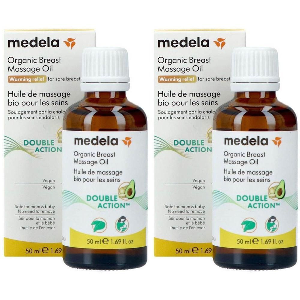 Deux flacons d'huile de massage bio pour les seins Medela, 50 ml.