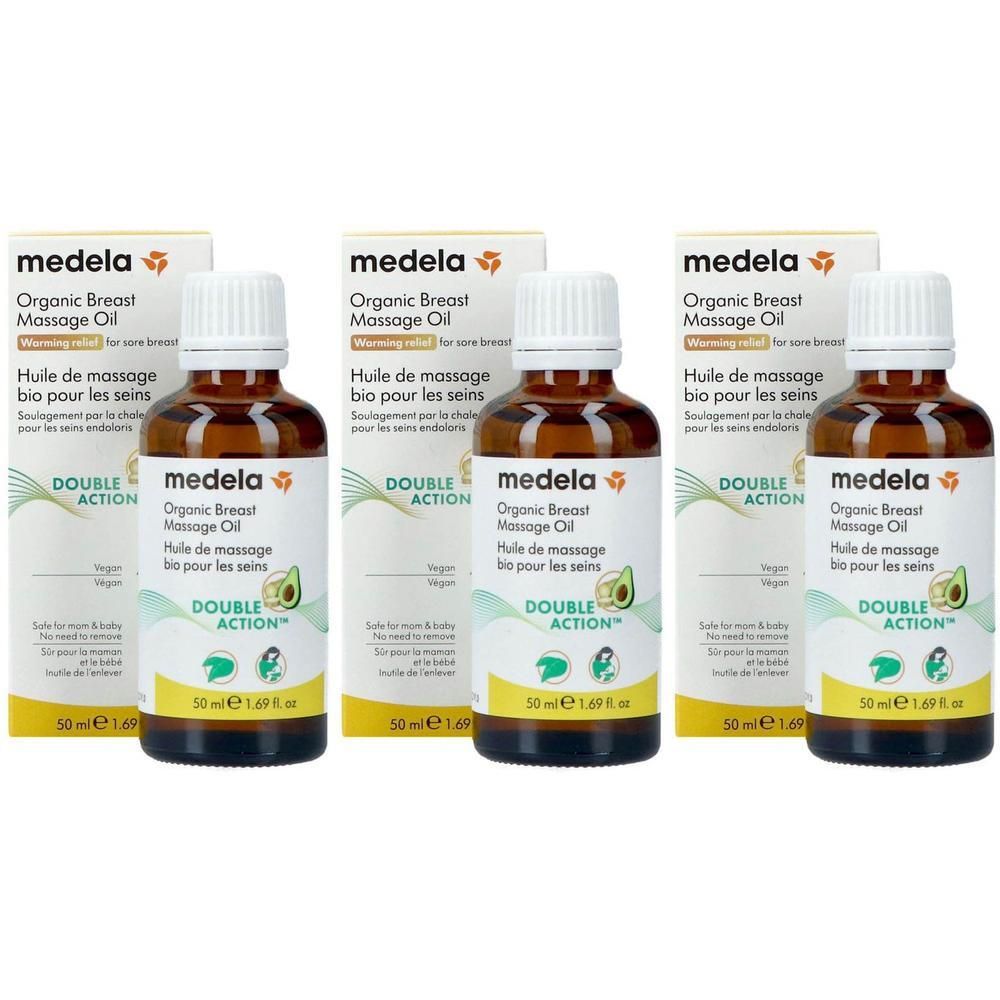 Trois flacons d'huile de massage bio Medela pour les seins avec emballage. Chaque flacon contient 50 ml.