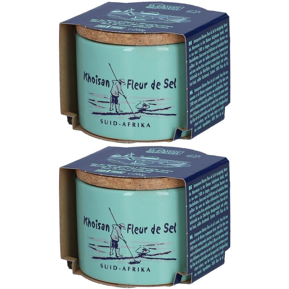 Deux pots de Khoisan Fleur de Sel, couleur turquoise, avec couvercle en liège et étiquette.