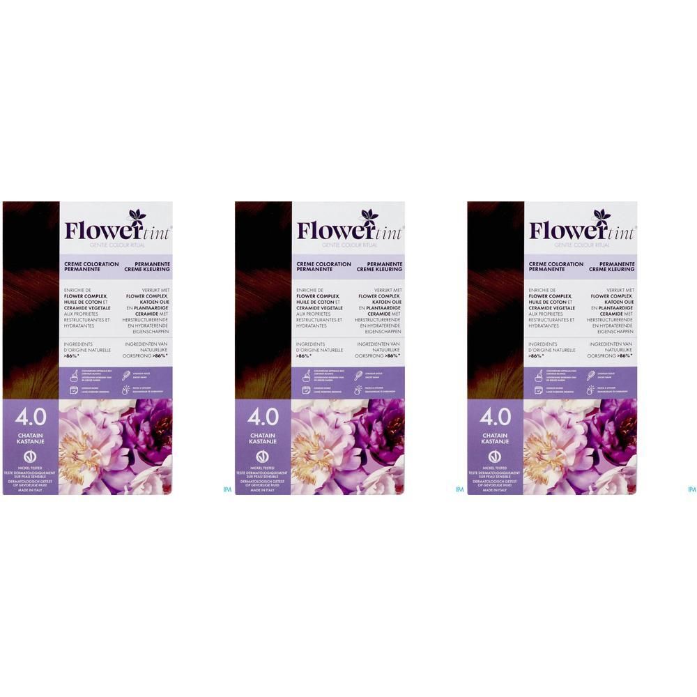 Trois boîtes de coloration crème permanente FlowerTint® 4.0 Châtain avec illustration florale.