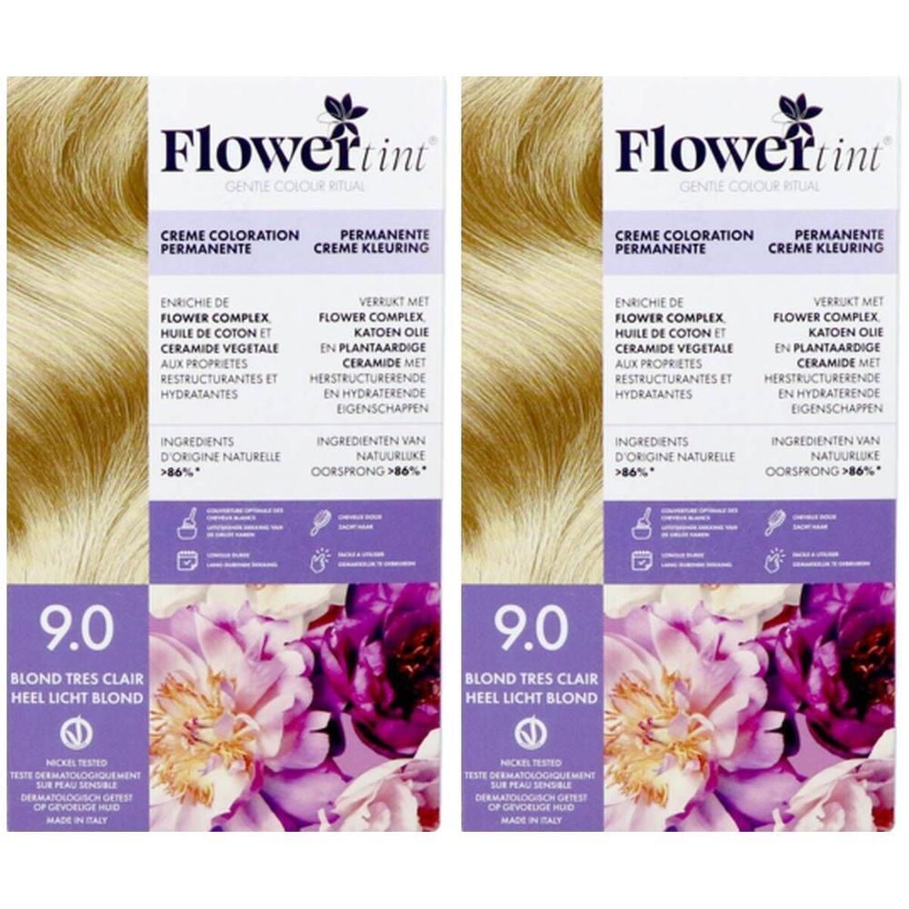 Deux paquets de coloration permanente crème Flower tint 9.0 Blond Très Clair. Avec complexe floral et céramides.