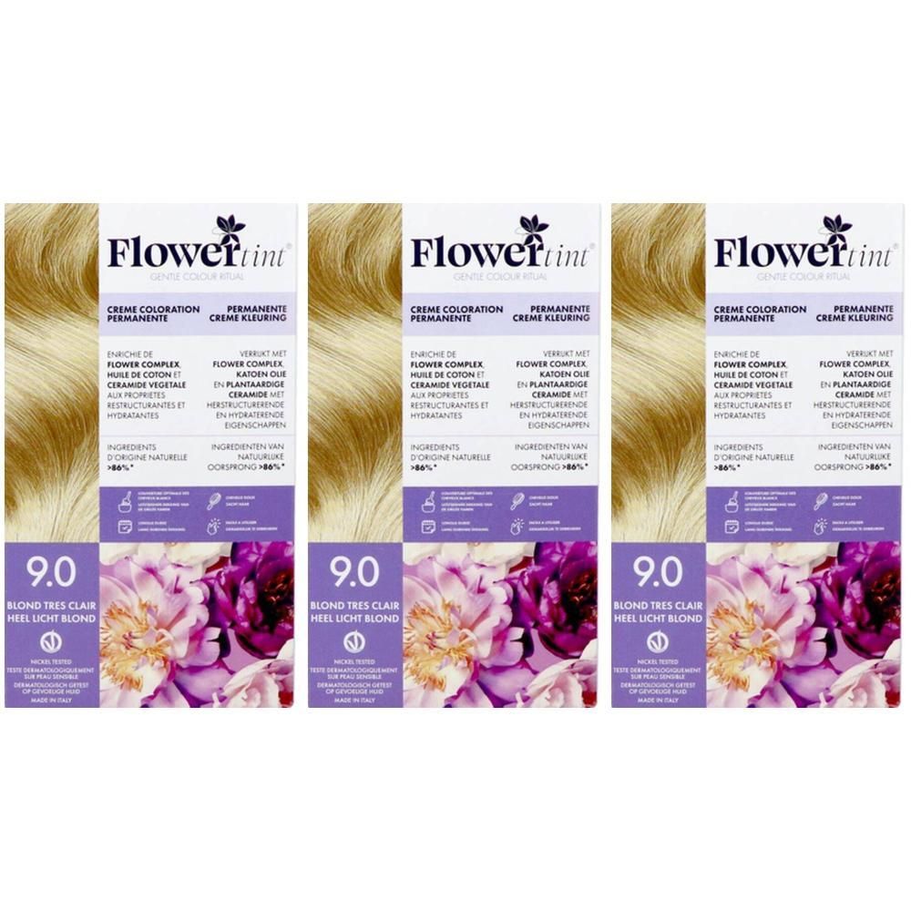 Drie pakken FLORWERTINT Creme Coloration Permanente 9.0 Blond Très Clair.