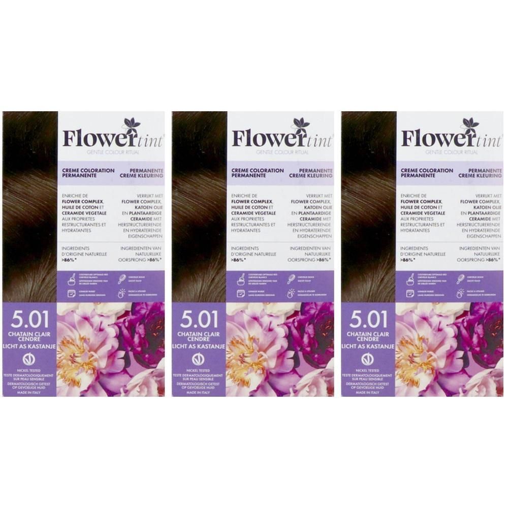 Drie pakken FLORWERTINT Permanente Kleuring 5.01 Lichtbruin Asblond.