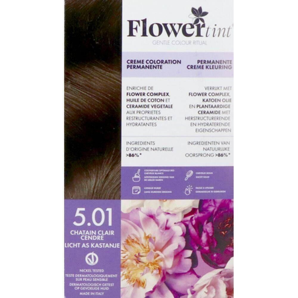 Flower tint permanente haarkleuring creme 5.01 Licht As Kastanje. Verrijkt met Flower Complex, katoenolie en plantaardige ceramiden.